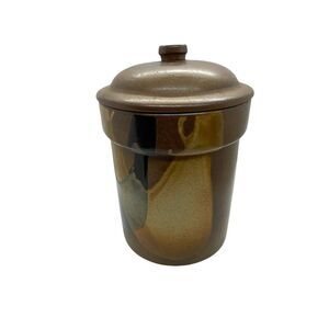 Pottery Craft Canister With Lid Brown Black Gold Cylindrical Shape Vintage Retro